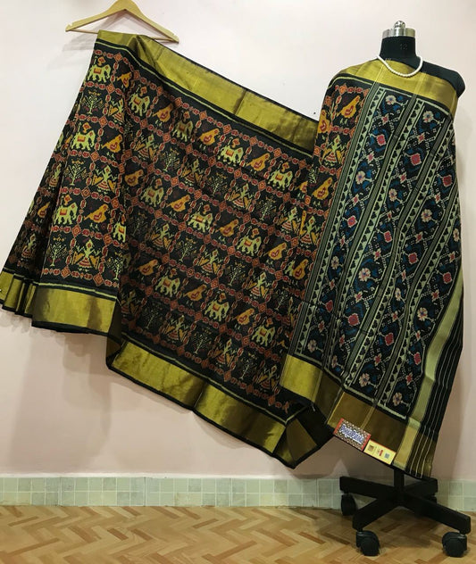 Dark Green Checked Elephant Designed Patola Silk Saree-PPSRE-072