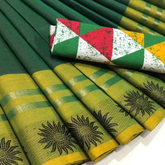 Dark Green Chettinad Saree With Sunflower Motif Border-CS602