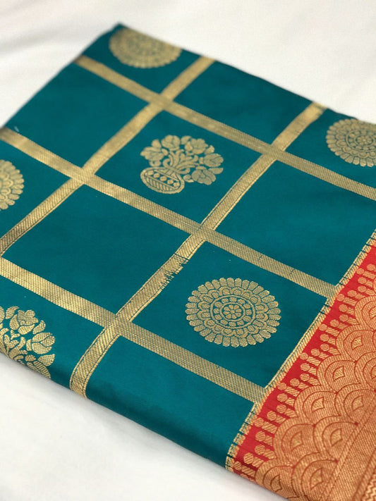 Dark Green and Red with Floral Pot Zari Work Banarasi Silk Saree-SRE-135 blue-green coloured saree