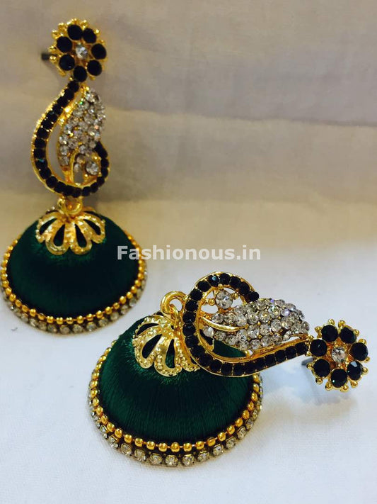 Dark Green and White Stone Studded Peacock Neck Floral Silk Thread Jhumkas-STJH-037