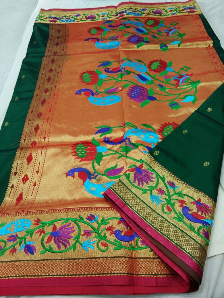 Dark Green with Pink Border Peacock Designed Pallu Paithani Saree-PAITHANI-073