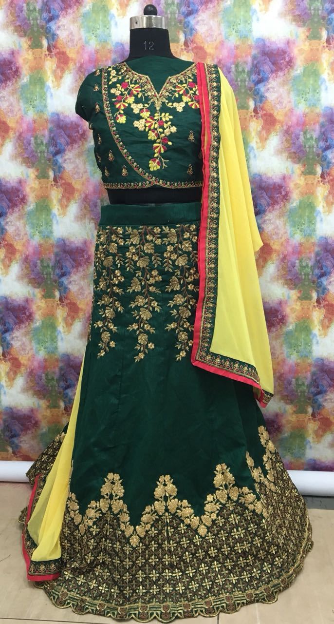 Dark Green with Yellow Floral Embroidered Banglori Silk Lehenga