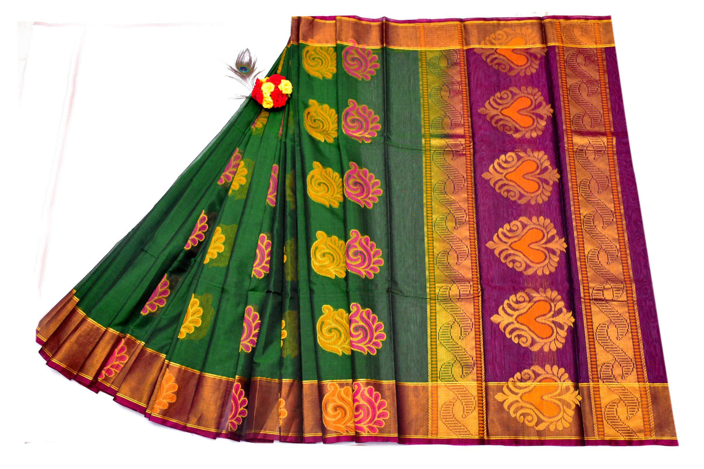 Dark Green with Yellow and Pink Floral Designed Purple Pallu Handwoven Chettinad Silk Cotton Saree