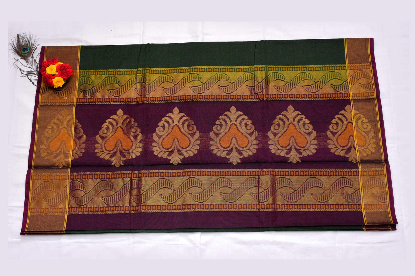 Dark Green with Yellow and Pink Floral Designed Purple Pallu Handwoven Chettinad Silk Cotton Saree