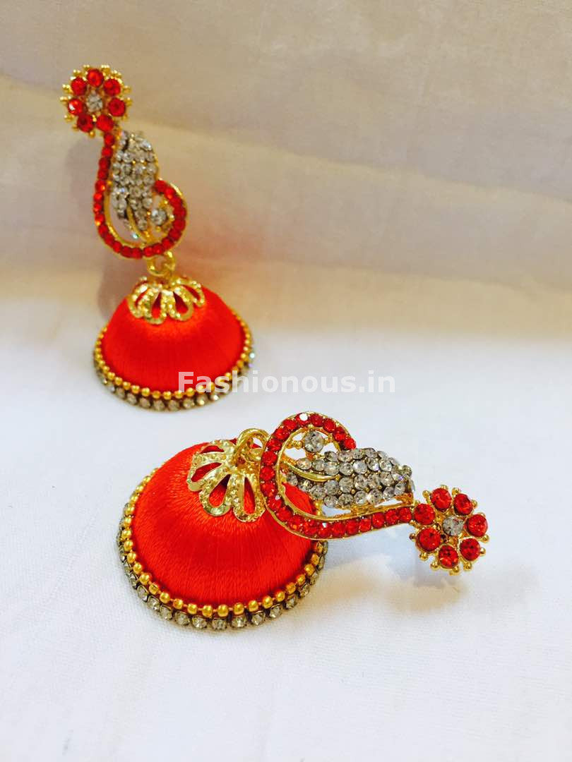 Dark Orange and White Stone Studded Peacock Neck Floral Silk Thread Jhumkas-STJH-040