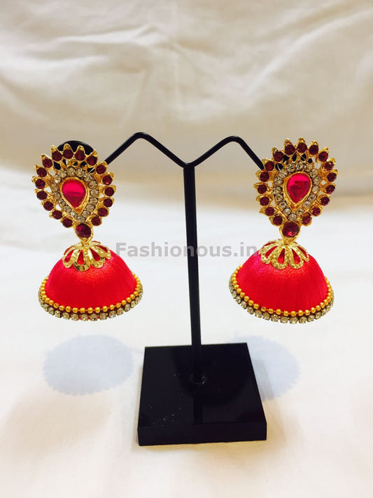 Dark Pink Stone Studded Droplet Silk Thread Jhumkas-STJH-017