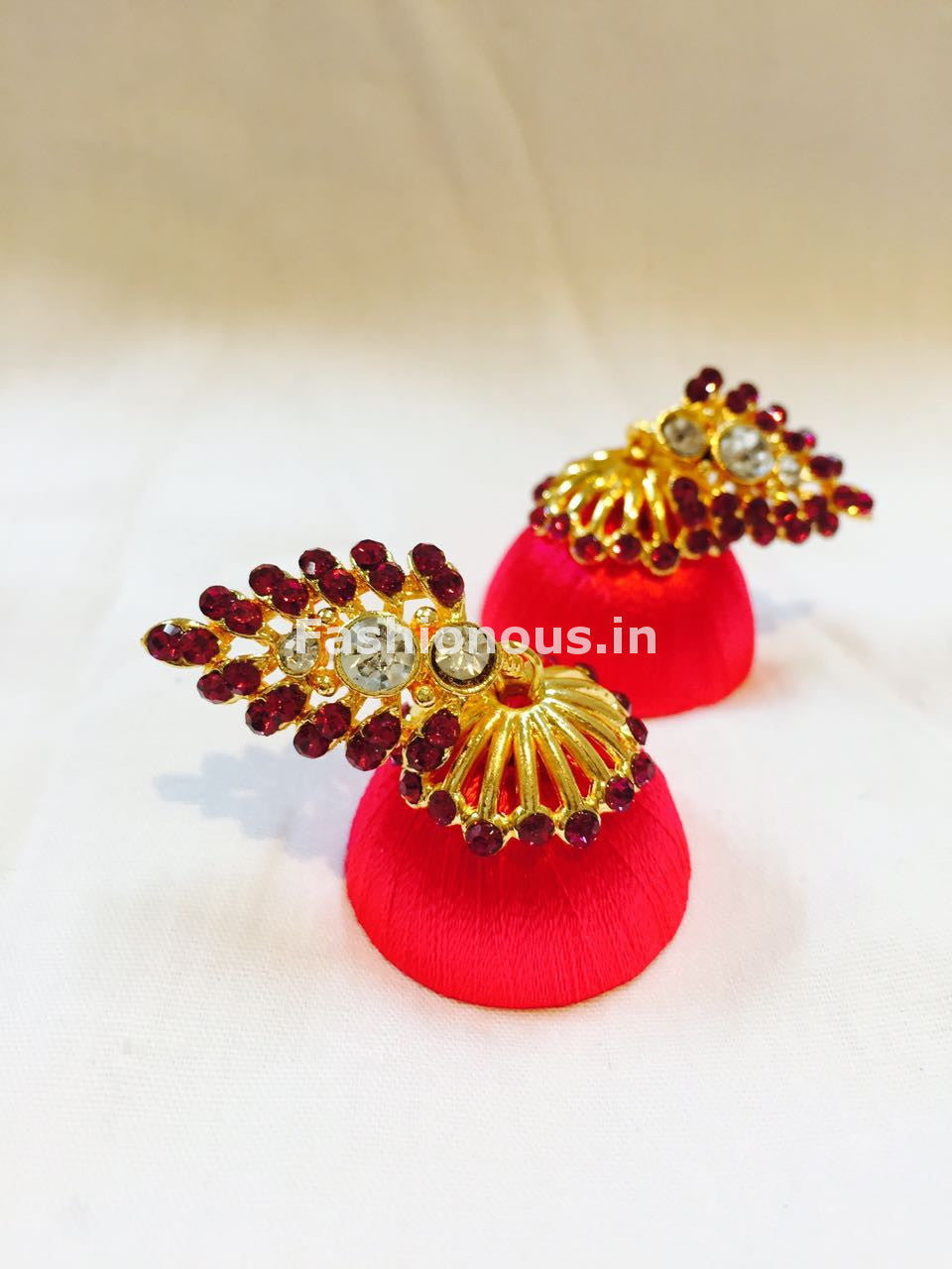 Dark Pink Stone Studded Leaf Silk Thread Jhumkas-STJH-033