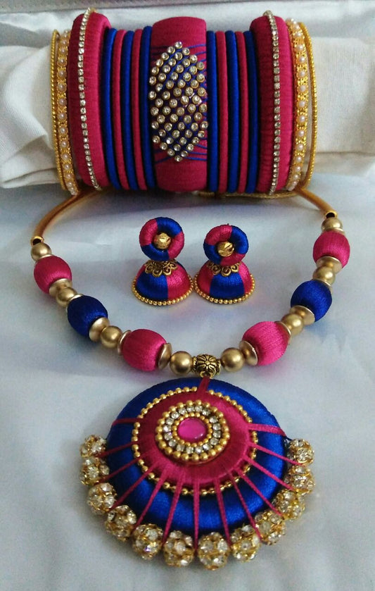 Dark Pink and Dark Blue Silk Thread Jewellery Set