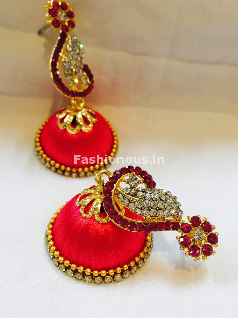 Dark Pink and White Stone Studded Peacock Neck Floral Silk Thread Jhumkas-STJH-042