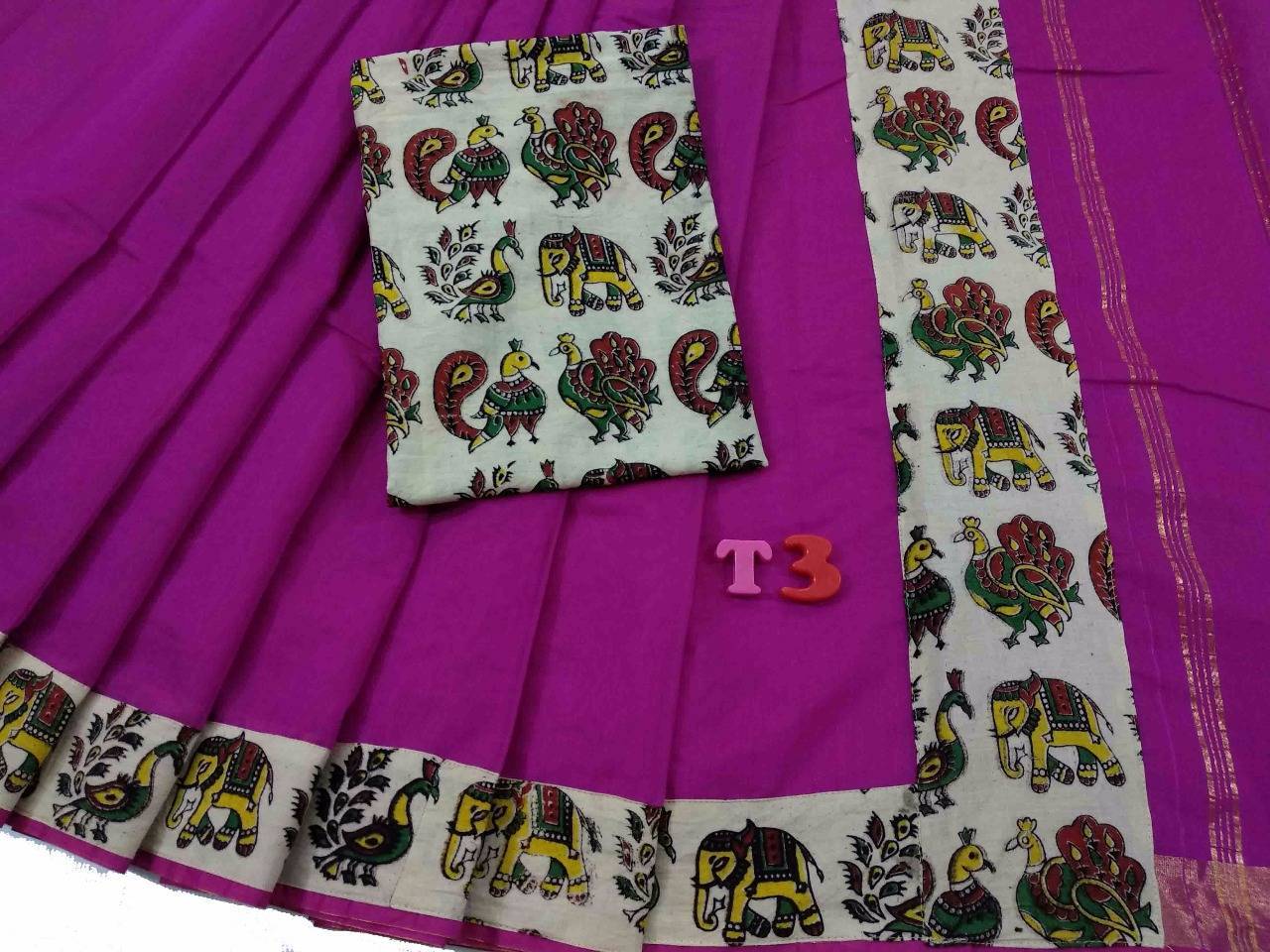 Dark Pink with Kalamkari Blouse Mercerized Silk Cotton Saree-SRE-770