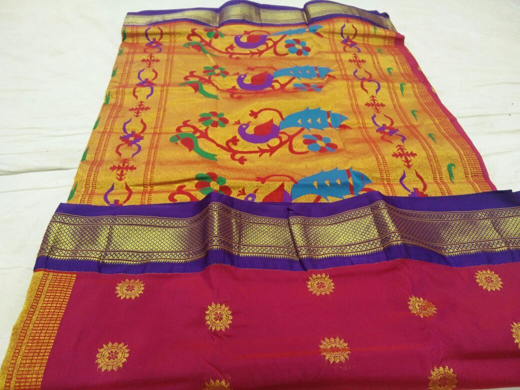 Dark Pink with Purple Border Peacock Pallu Paithani Saree-PAITHANI-091