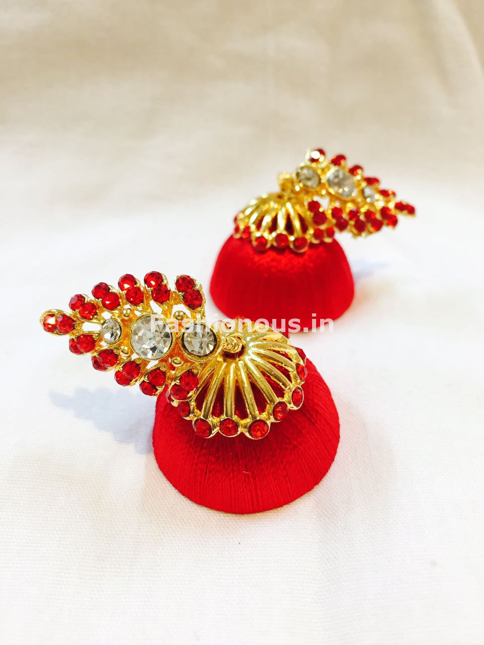 Dark Red Stone Studded Leaf Silk Thread Jhumkas-STJH-027