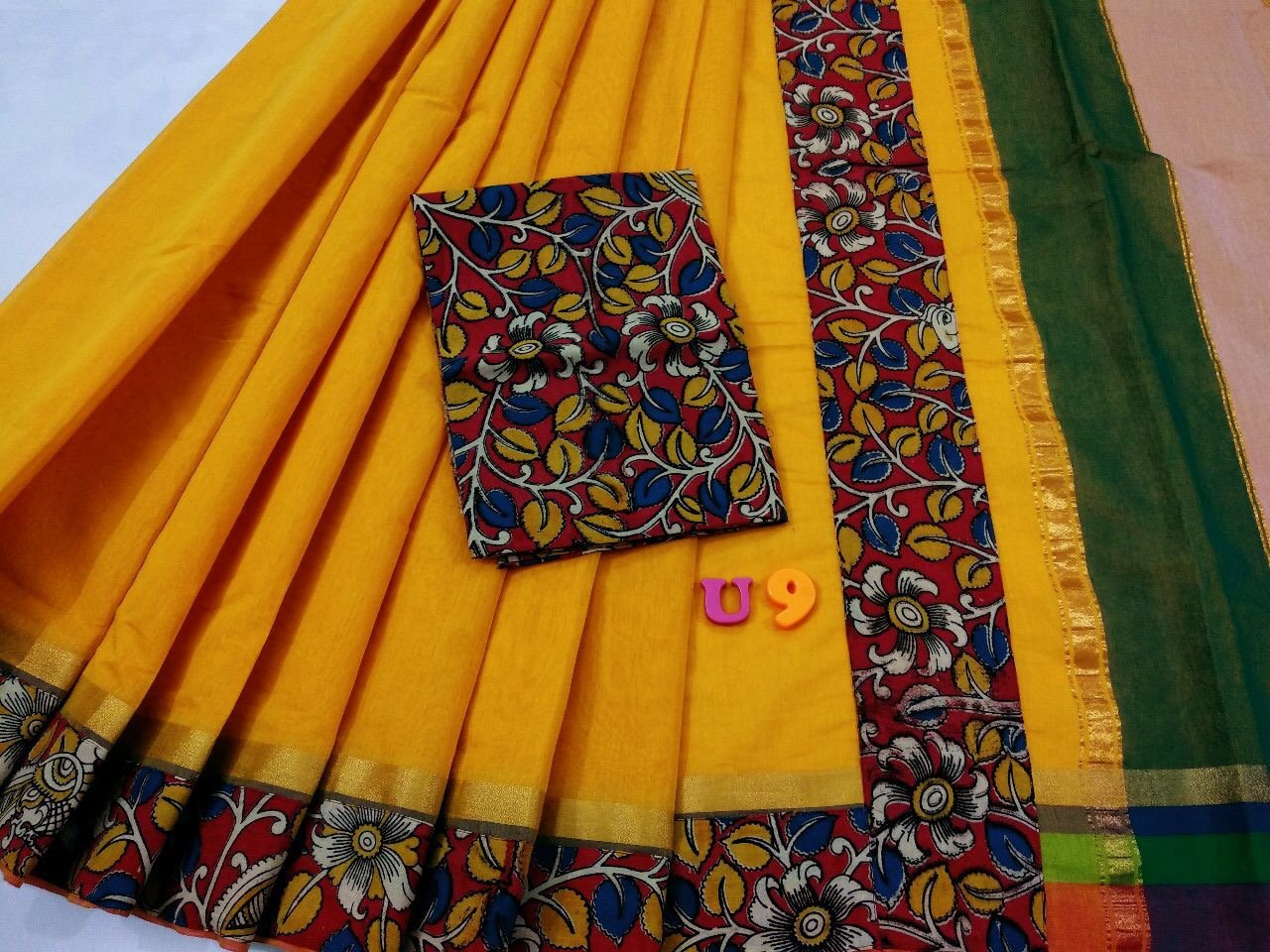 Dark Yellow with Kalamkari Blouse Kotta Mercerized Cotton Saree-SRE-814