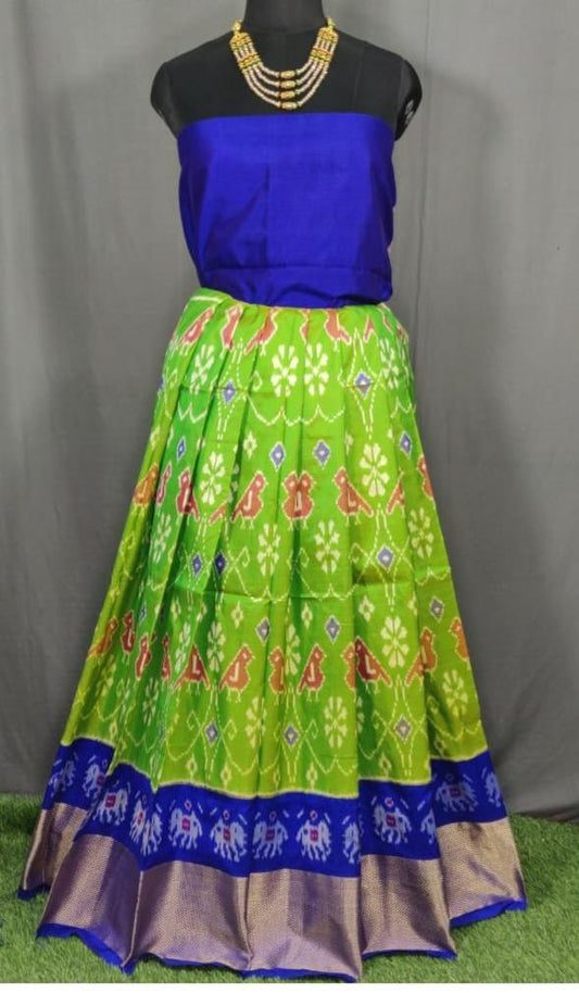 Dark blue and Light Green Ikkat Pure Silk Lehenga