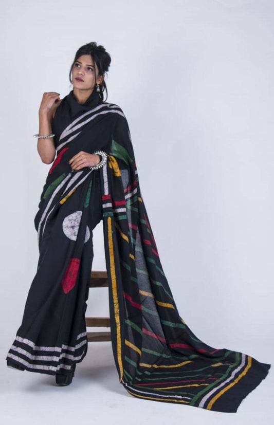 Dashing Black Handblock Printed Mulmul Cotton Saree