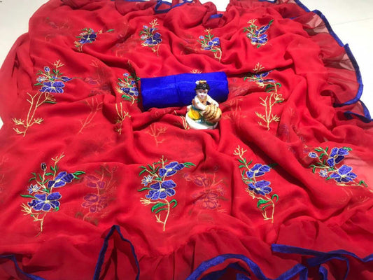 Dashing Red Ruffles Saree with Blue Floral Embroidery-RS004