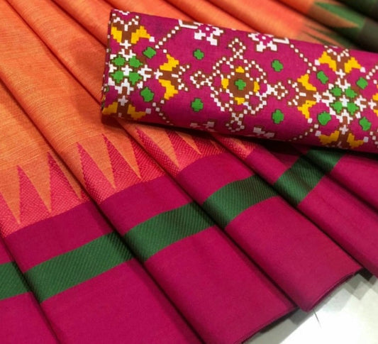 Soothing Peach Chettinad Saree with Temple Border and Contrast Kalamkari Blouse - CS300