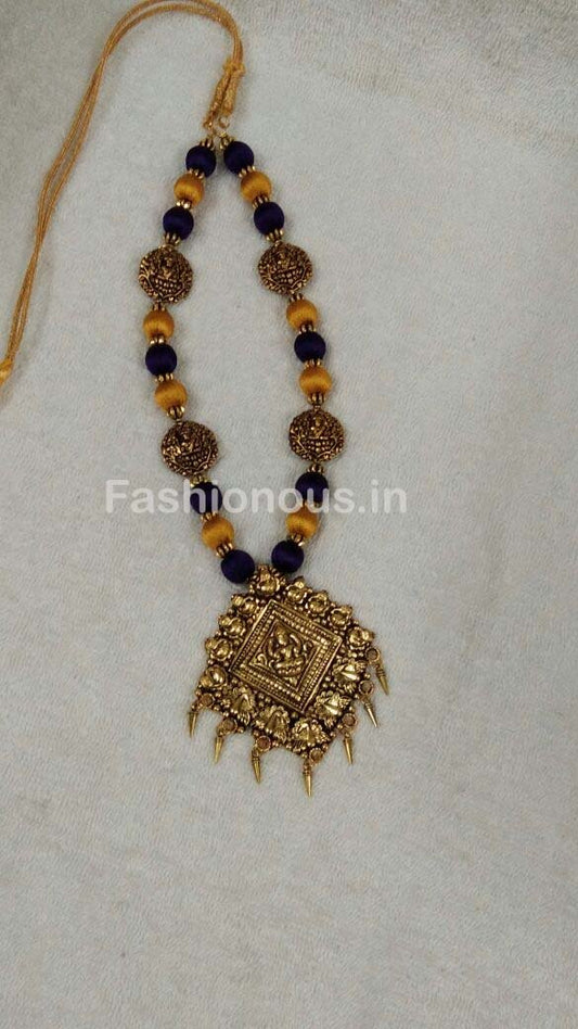 Double color Silk Thread Beads with Golden Lakshmi Oxidised Pendant-OXDJSW-027