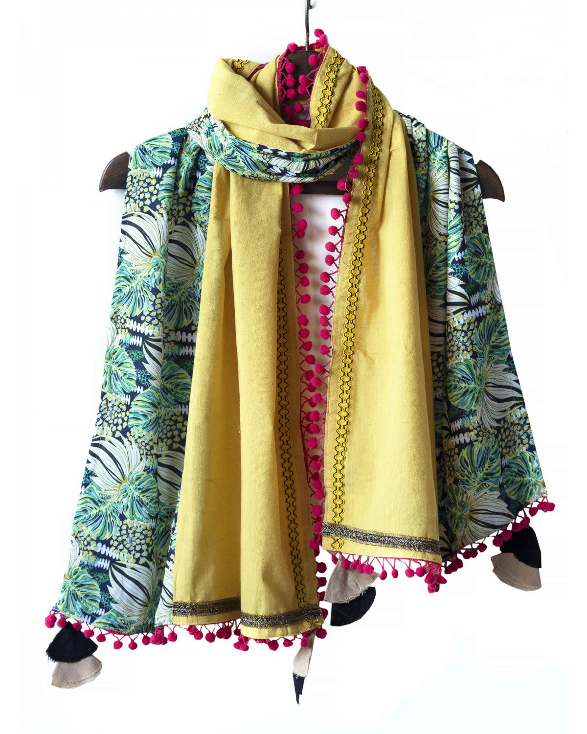 Green and Yellow Floral Stole/Dupatta with Tassels-MD003