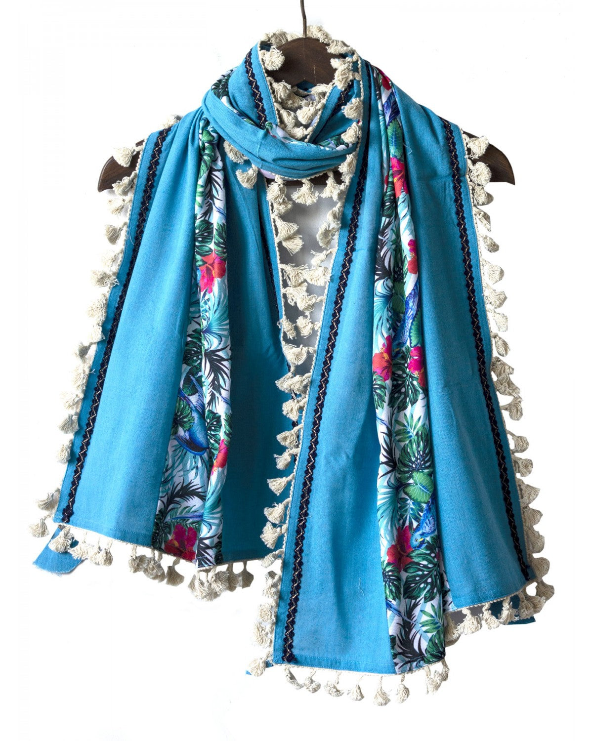Sky Blue and White Floral Stole/Dupatta with Tassels-MD004