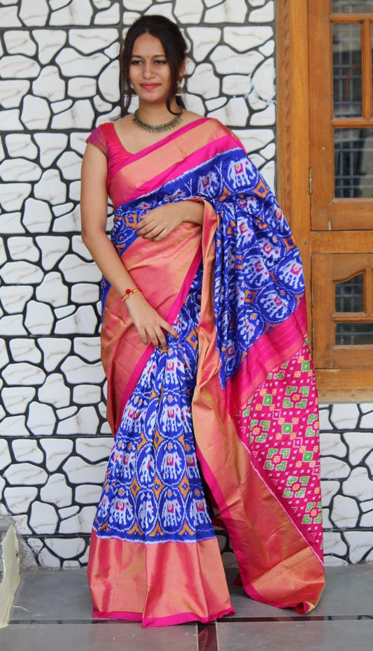 Elephant print Ikkat Silk Saree Blue