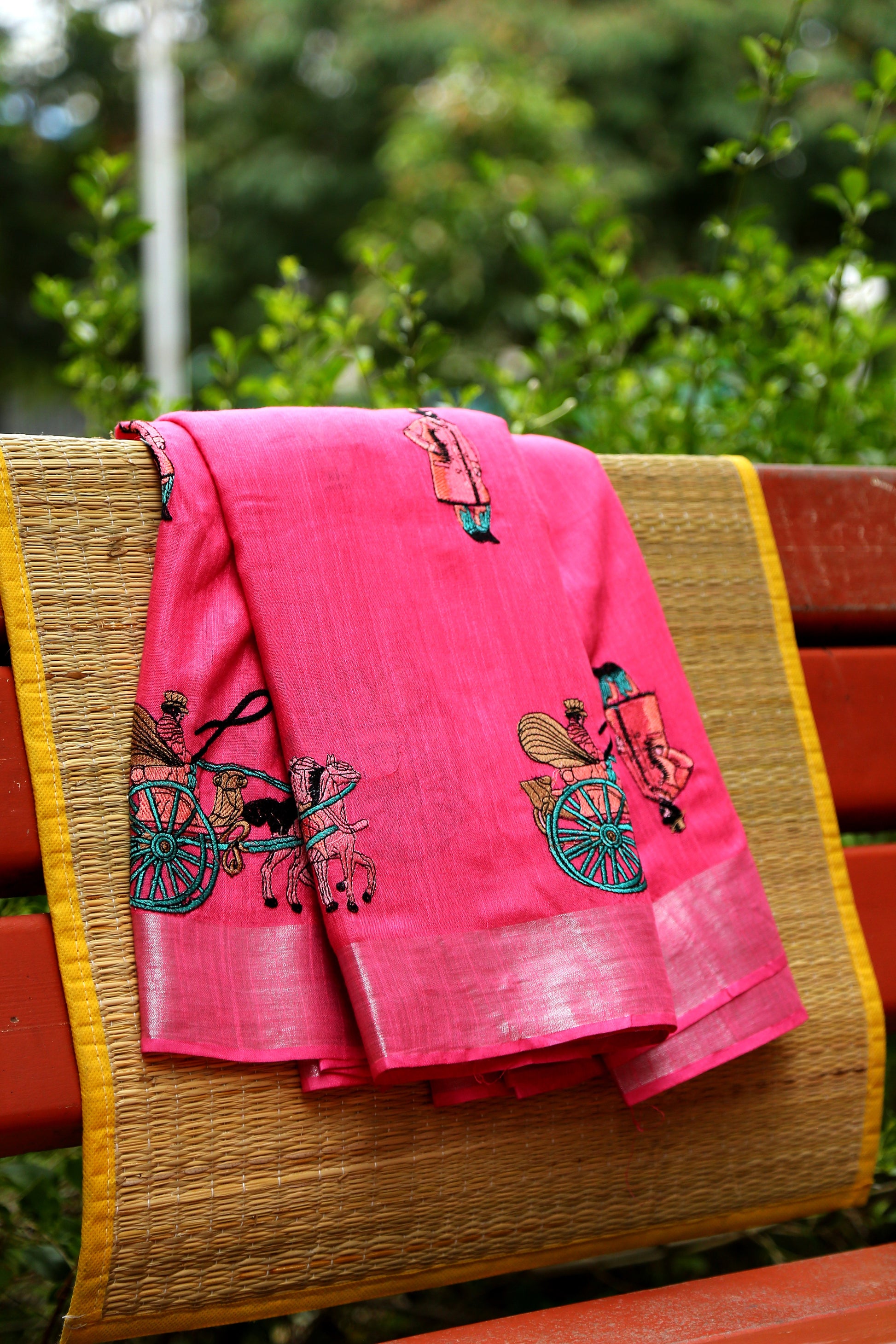 Embroidery Worked Linen Saree-LNSRE072 Pink coloured simple embroidered saree