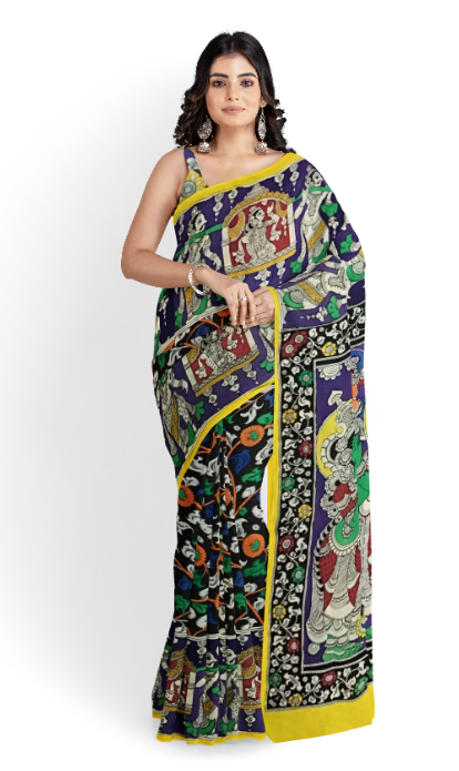 Exquisite Multicoloured Saraswati Hand-Painted Chennur Silk Kalamkari Saree