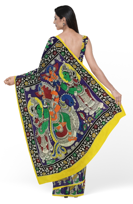 Exquisite Multicoloured Saraswati Hand-Painted Chennur Silk Kalamkari Saree