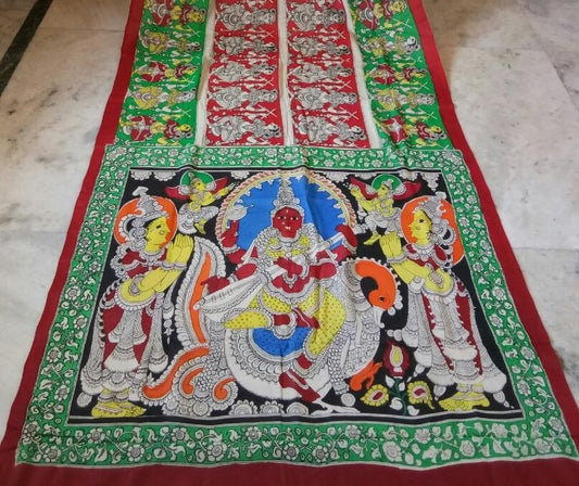 Exquisite Multicoloured Saraswati Hand-Painted Mal-Mal Cotton Kalamkari Saree