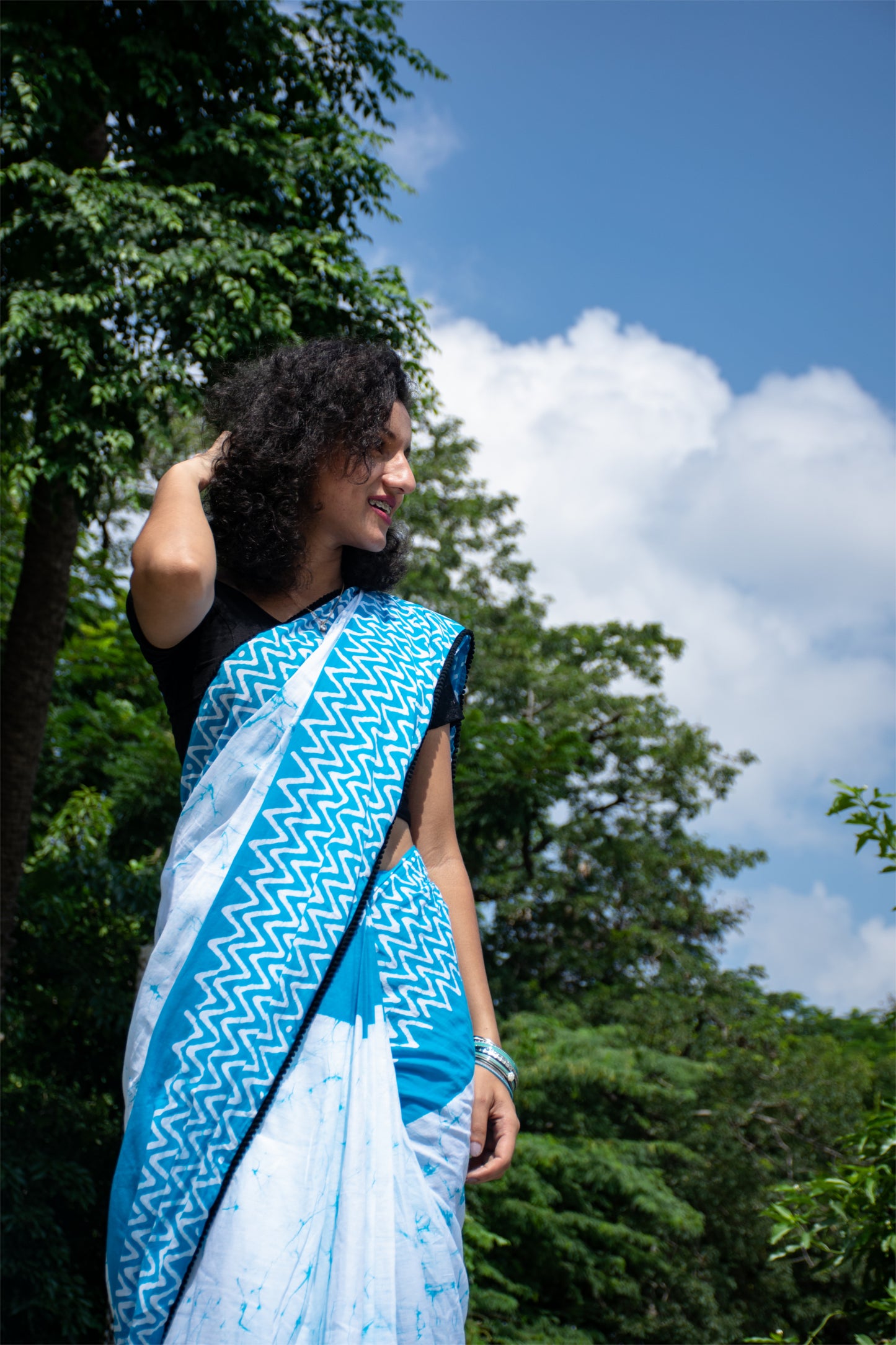 Heavenly Hues: Jaipuri Cotton Saree in White and Sky Blue Harmony - TCS004
