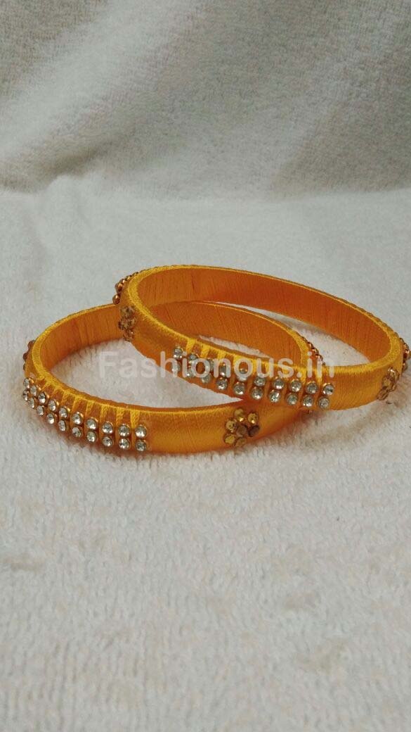 Floral Golden and White Stone Worked Silk Thread Bangle Pair