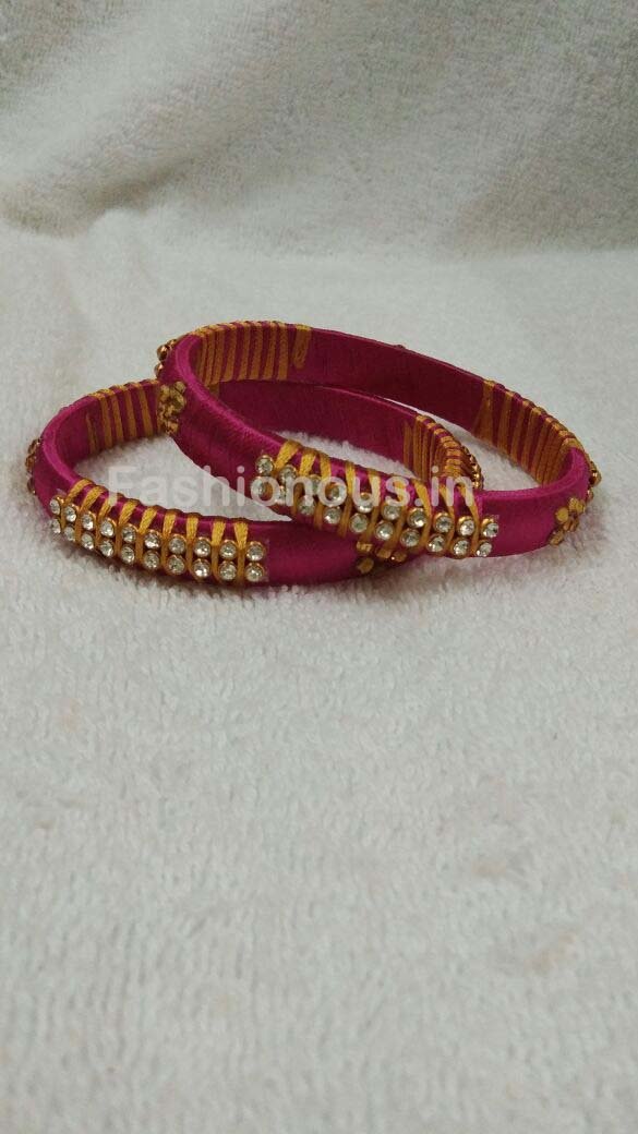 Floral Golden and White Stone Worked Silk Thread Bangle Pair