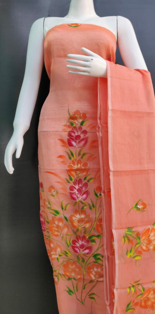 Floral Peach Brush Printed Kota Dress Material