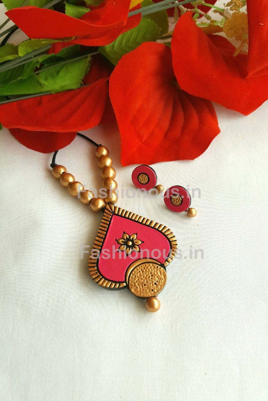 Floral Pink Heart Shaped Terracotta Pendant Set-TJS-031
