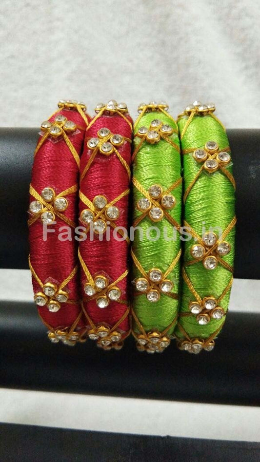 Floral Stone Worked Silk Thread Bangle Pair-STJSW-046
