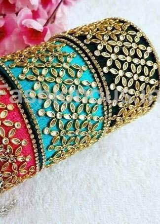 Floral Stone Worked Silk Thread Single Bangle-STJSW-027
