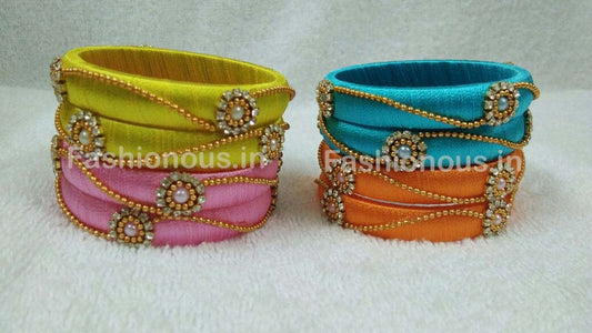 Floral Stone Worked with Chained Beads Silk Thread Bangle Pair-STJSW-052
