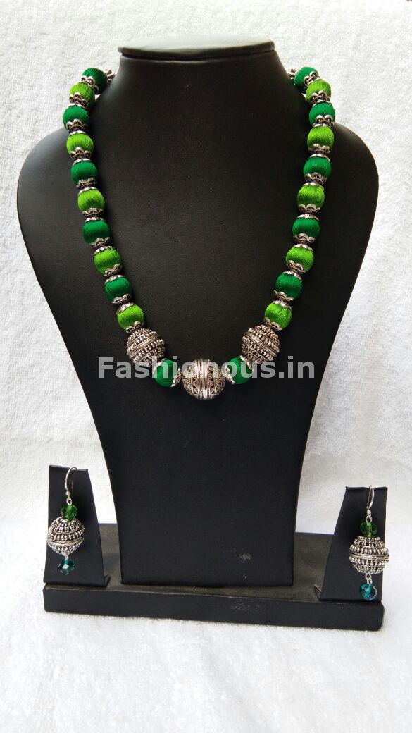 German Silver Ball with Green Silk Thread Jewellery Set-STJS-018