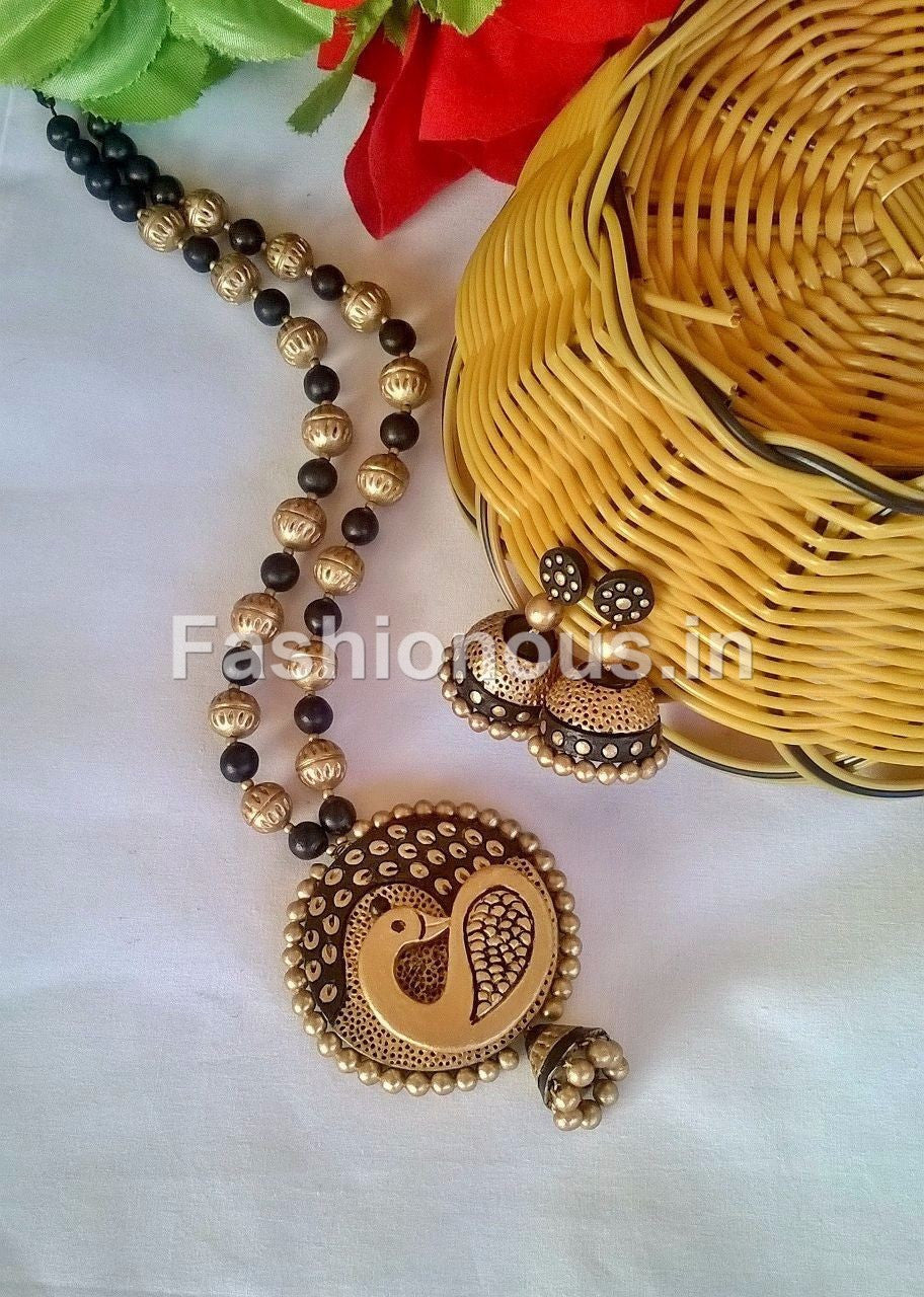 Gold and Black peacock Terracotta Jewellery Set