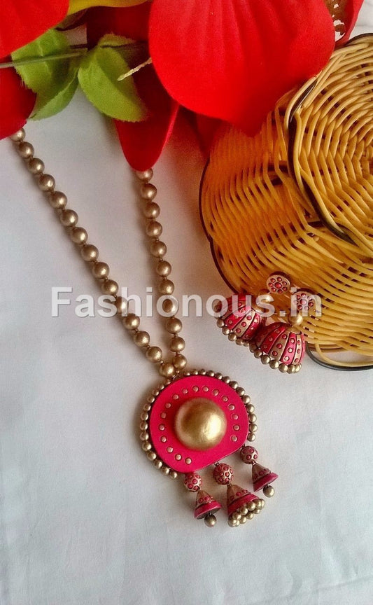 Gold and Pink Circle with Hangings Terracotta Jewellery Set