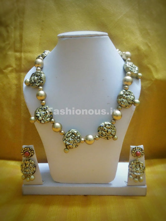 Golden Antique Lakshmi Long Polymer Clay Jewellery Set-GALPCJ-1