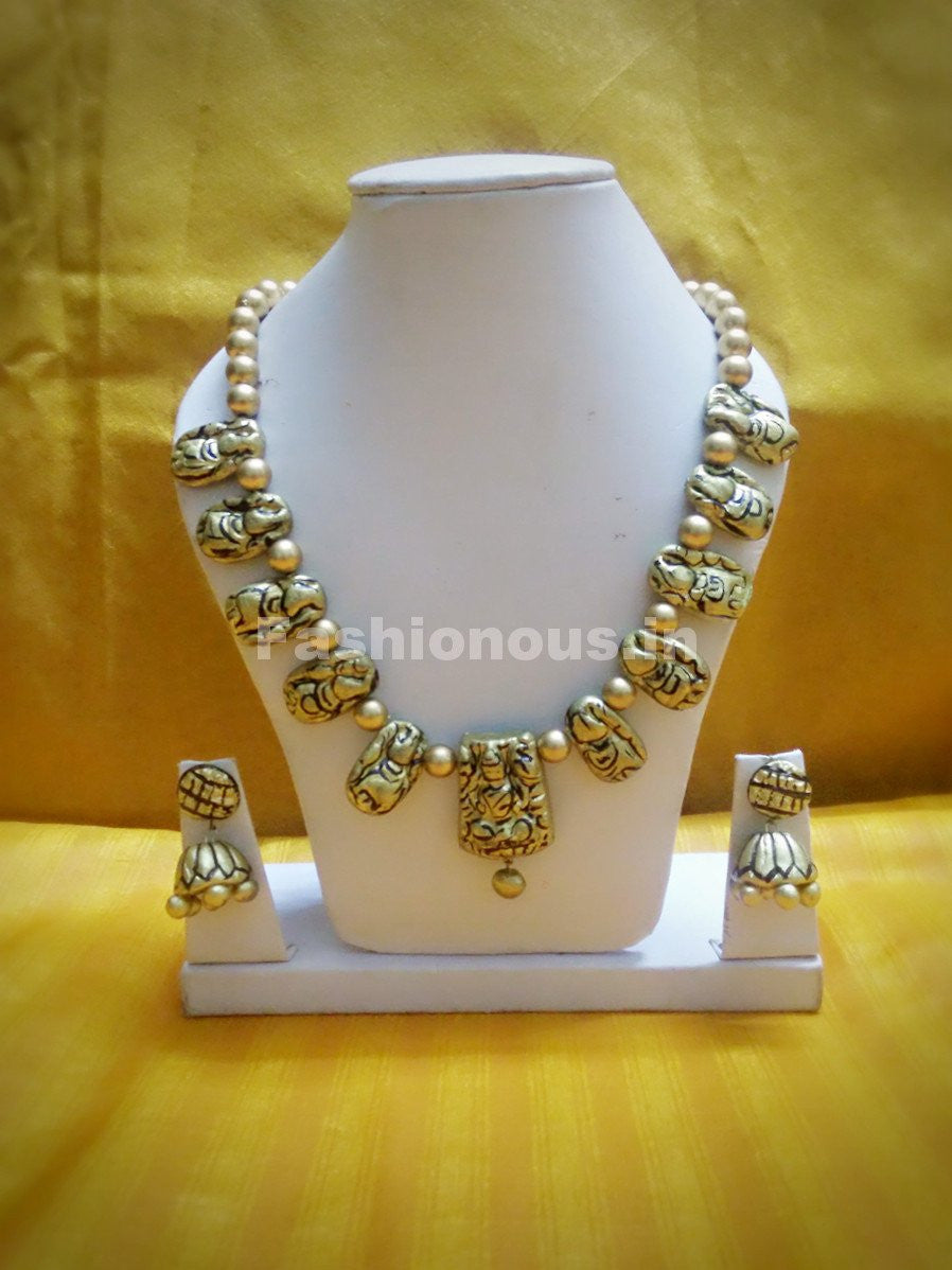 Golden Antique Lakshmi Long Polymer Clay Jewellery Set-GALPCJ-2