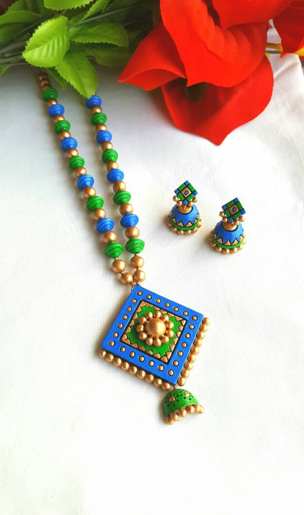 Golden Blue and Green Angluar Pendant Terracotta Jewellery Set
