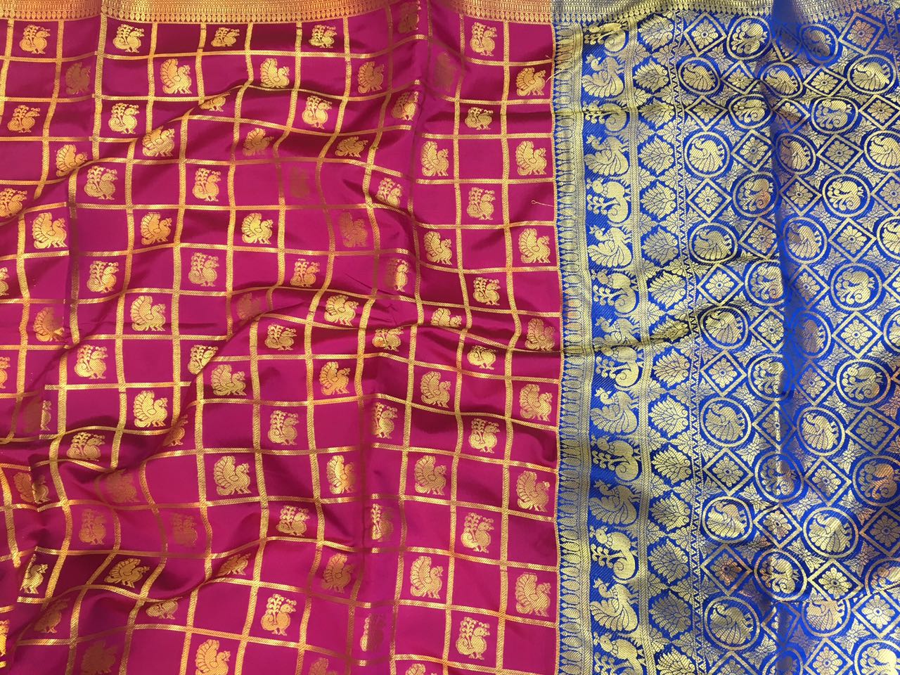 Golden Checked Peacock Designed Banarasi Silk Saree light blue and red coloured sarees