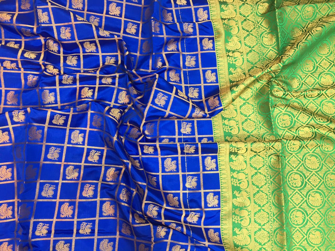 Golden Checked Peacock Designed Banarasi Silk Saree dark blue and green coloured sarees