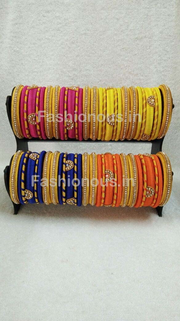 Golden Color Combined Stone Worked Silk Thread Bangle Set-STJSW-043