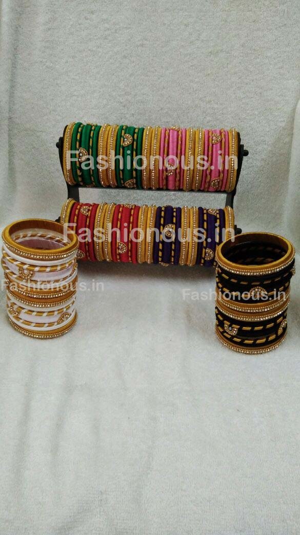 Golden Color Combined Stone Worked Silk Thread Bangle Set