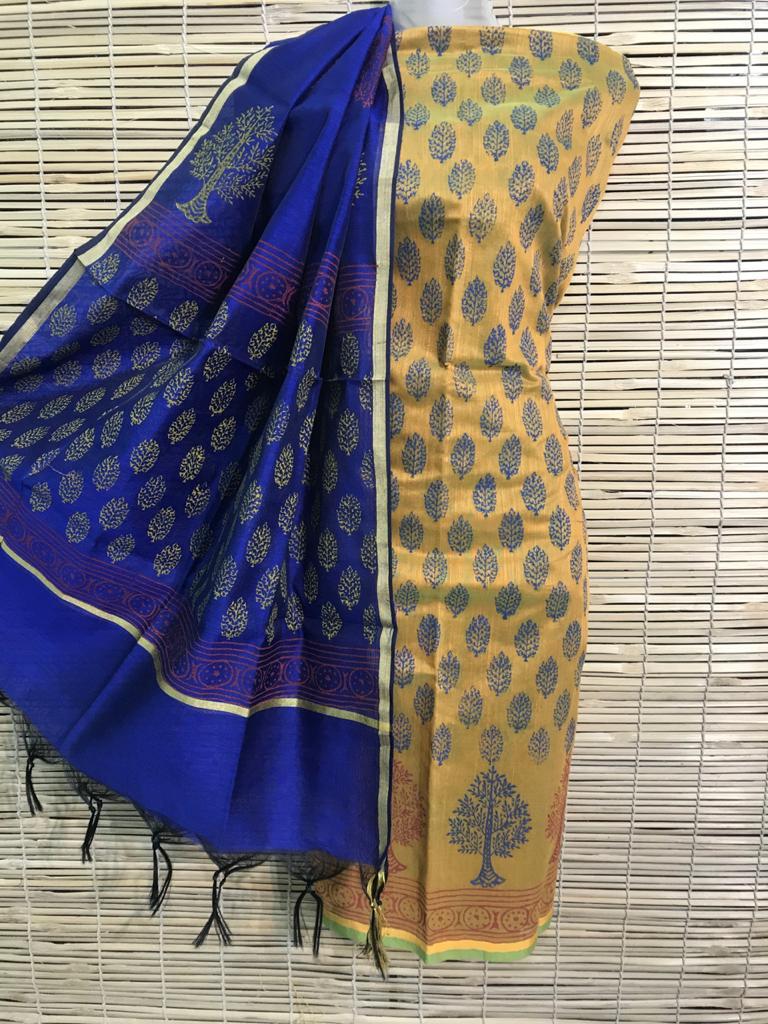 Golden With Royal Blue Dupatta Unstitched Salwar Suit
