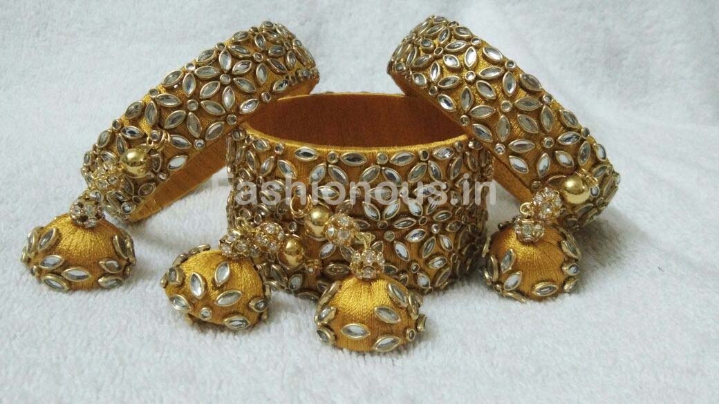 Golden Floral Stone Worked with Hanging Jhumka Silk Thread Bangle Set-STJSW-019