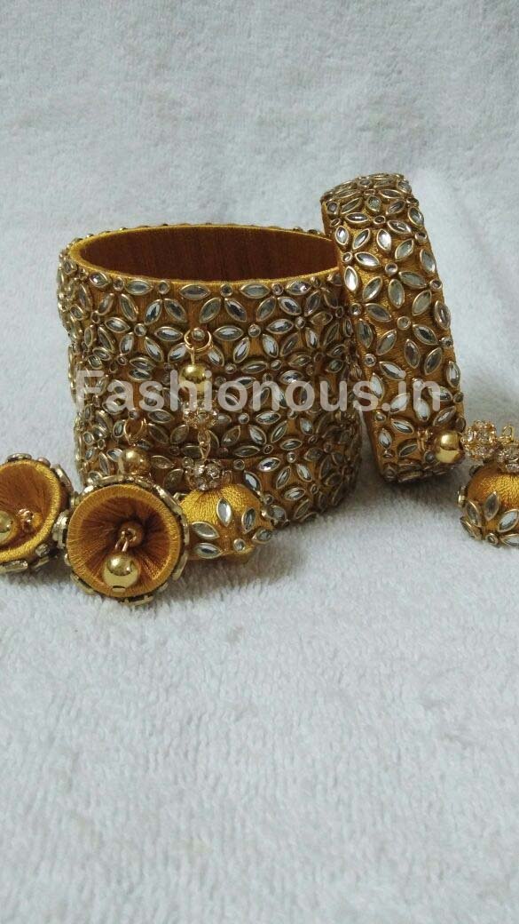 Golden Floral Stone Worked with Hanging Jhumka Silk Thread Bangle Set